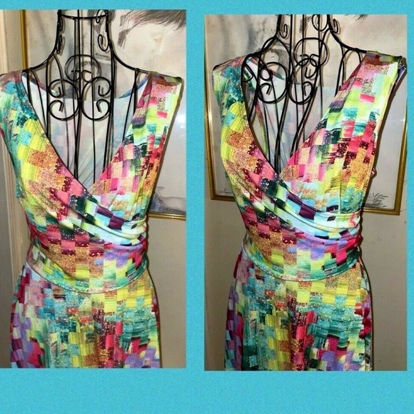 LBISSE "TEAL& PURPLE ABSTRACT PRINT SLEEVELESS SURPLICE" DRESS~MEDIUM - Picture 4 of 6